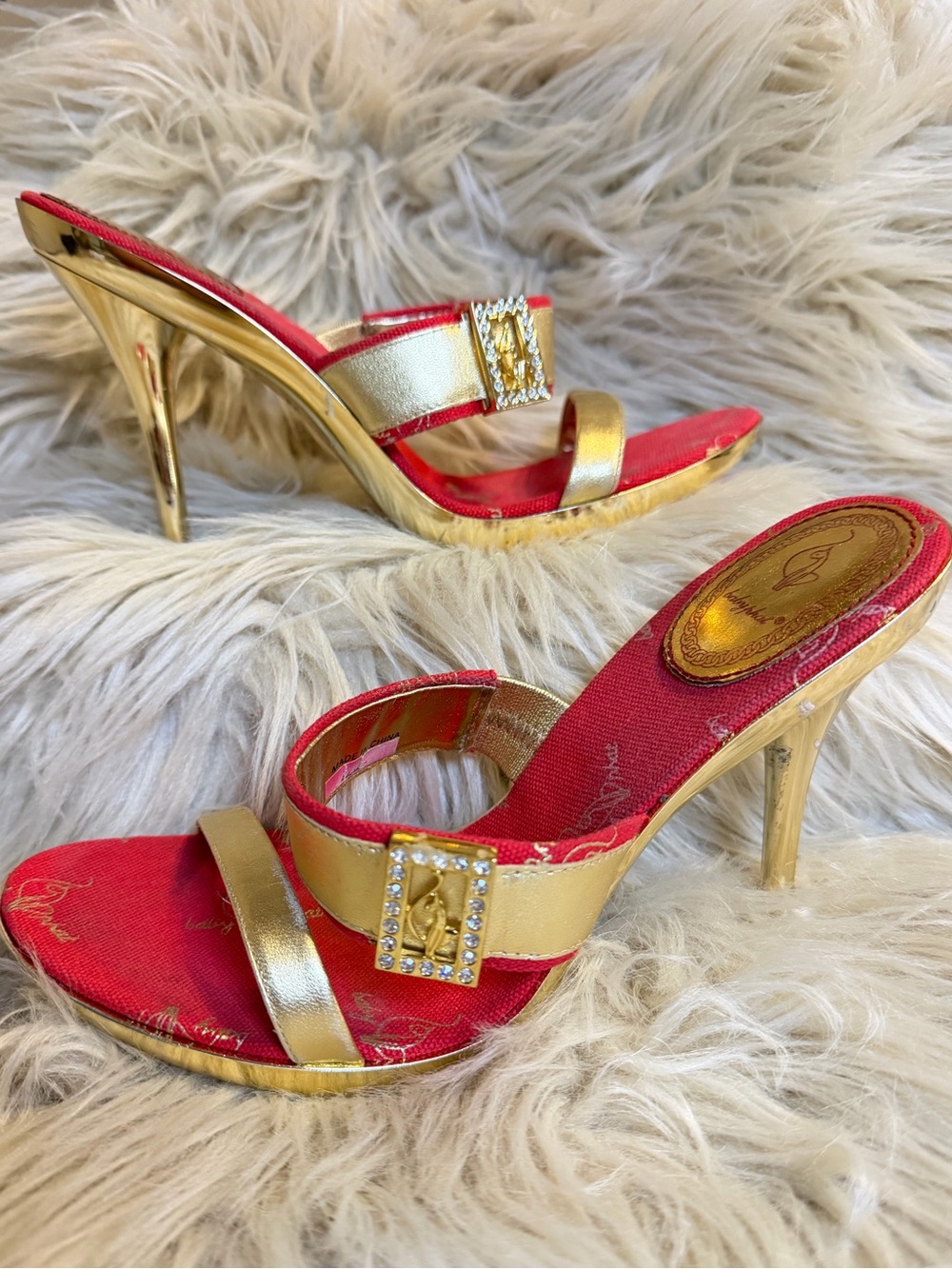 RARE 🔥 Y2K Baby Phat Gold Red Rhinestone Logo Stiletto Heels Sandals 7 HipHop